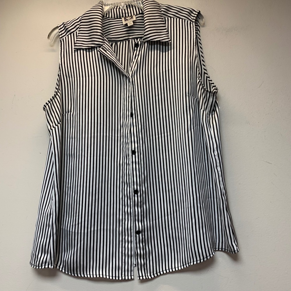 Anne Klein Sleeveless Blouse Womens XL Black White Striped Button Up Excellent